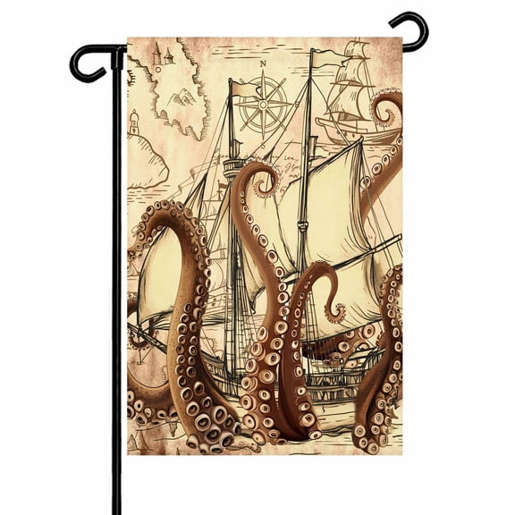 Garden Flag Double-Side Printed House Flag Nautical Octopus Sailing Yard Flag Retro Art Welcome Banner Decor Outdoor Holiday Decorations 12*18in