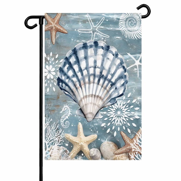 Garden Flag Double-Side Printed House Flag Nautical Shell Coral Starfish Yard Flag Ocean Vintage Welcome Banner Decor Outdoor Holiday Decorations 28*40in