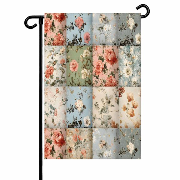 Garden Flag Double-Side Printed House Flag Pink Floral White Flowers Yard Flag Retro Splice Lattice Welcome Banner Decor Outdoor Holiday Decorations 12*18in
