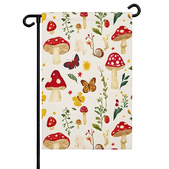 Garden Flag Double-Side Printed House Flag Red Mushroom Yard Flag Leaf Butterfly Welcome Banner Decor Outdoor Holiday Decorations 12*18in