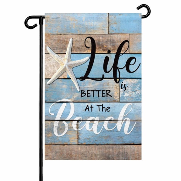 Garden Flag Double-Side Printed House Flag Retro Wood Grain Yard Flag Starfish Beach Blue Brown Welcome Banner Decor Outdoor Holiday Decorations 28*40in