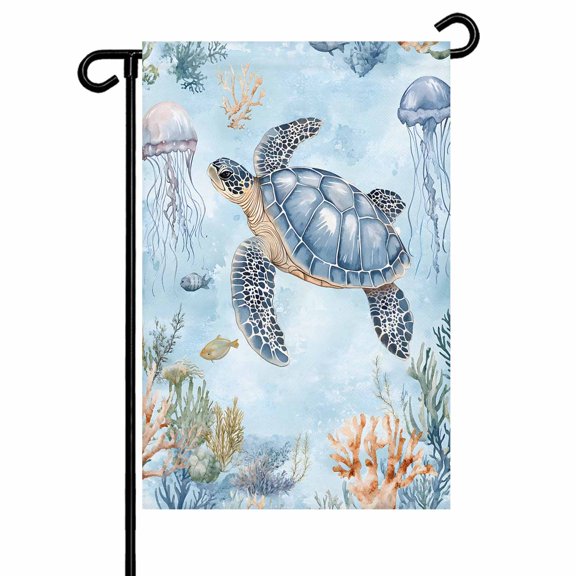 Garden Flag Double-Side Printed House Flag Sea Turtle Coral Yard Flag Jellyfish Fish Welcome Banner Decor Outdoor Holiday Decorations 12*18in