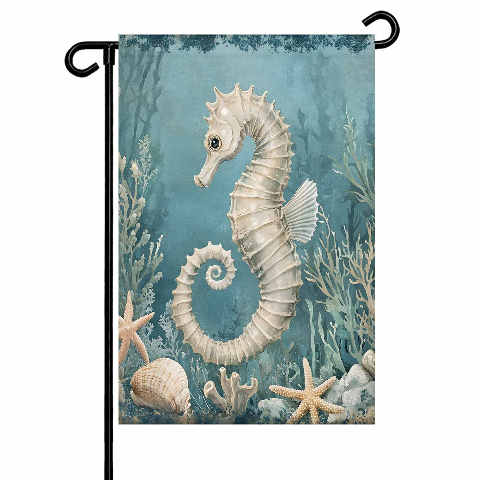 Garden Flag Double-Side Printed House Flag Seahorse Yard Flag Coral Starfish Blue Ocean Welcome Banner Decor Outdoor Holiday Decorations 28*40in