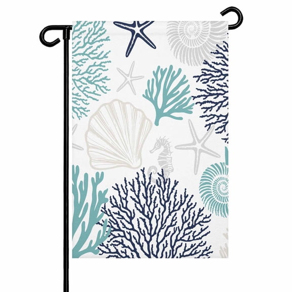 Garden Flag Double-Side Printed House Flag Turquoise Shell Yard Flag Starfish Coral Marine Life Welcome Banner Decor Outdoor Holiday Decorations 12*18in