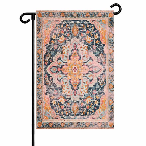 Garden Flag Double-Side Printed House Flag Vintage Ethnic Style Orange Floral Yard Flag Medieval Turkish Texture Welcome Banner Decor Outdoor Holiday Decorations 28*40in