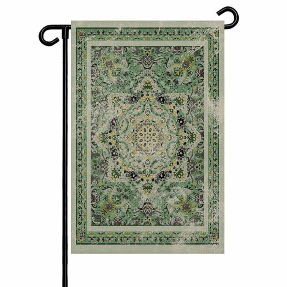 Garden Flag Double-Side Printed House Flag Vintage Green Floral Yard Flag Medieval Ethnic Style Turkish Texture Welcome Banner Decor Outdoor Holiday Decorations 12*18in