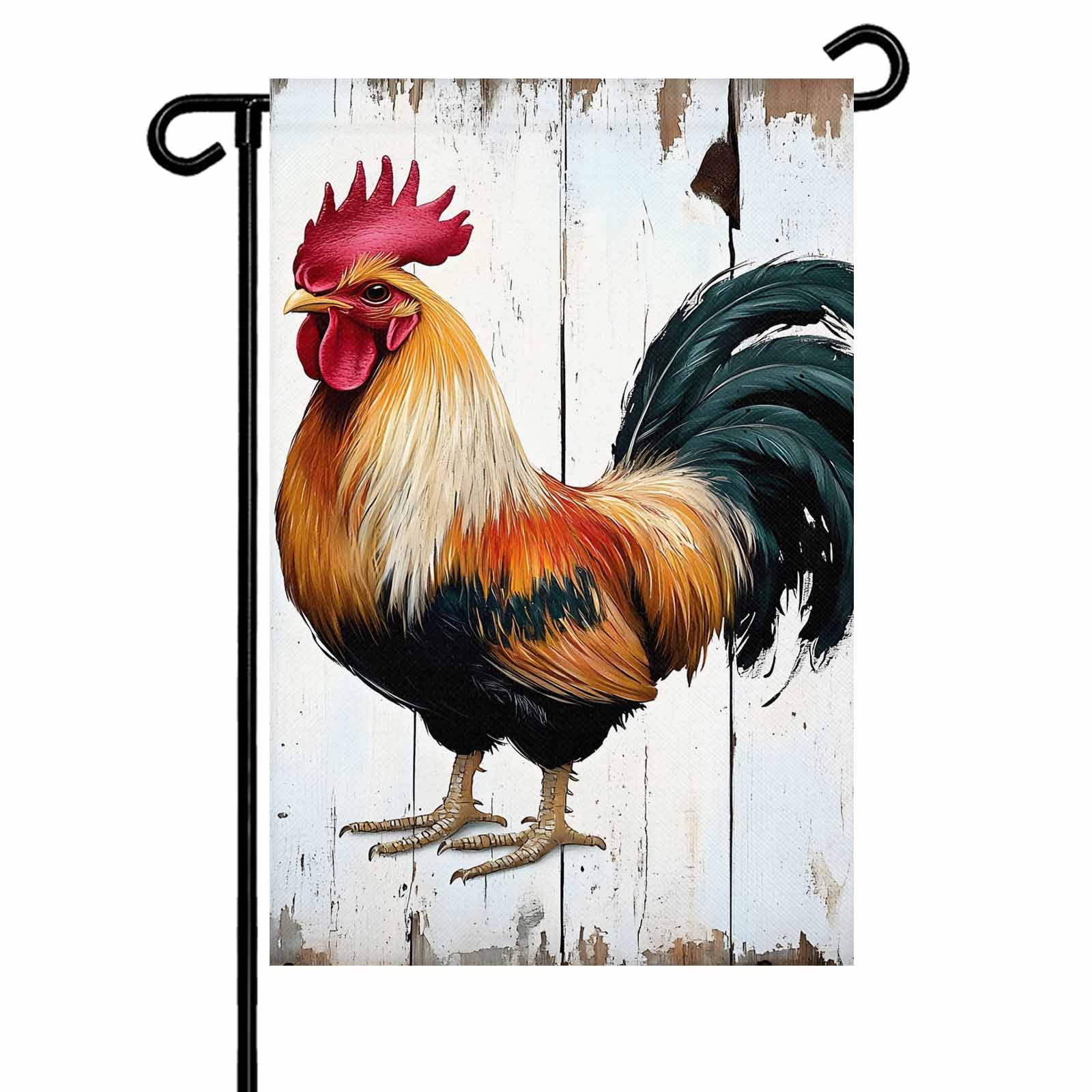 Garden Flag Double-Side Printed House Flag Vintage Rooster Yard Flag White Wood Grain Welcome Banner Decor Outdoor Holiday Decorations 28*40in