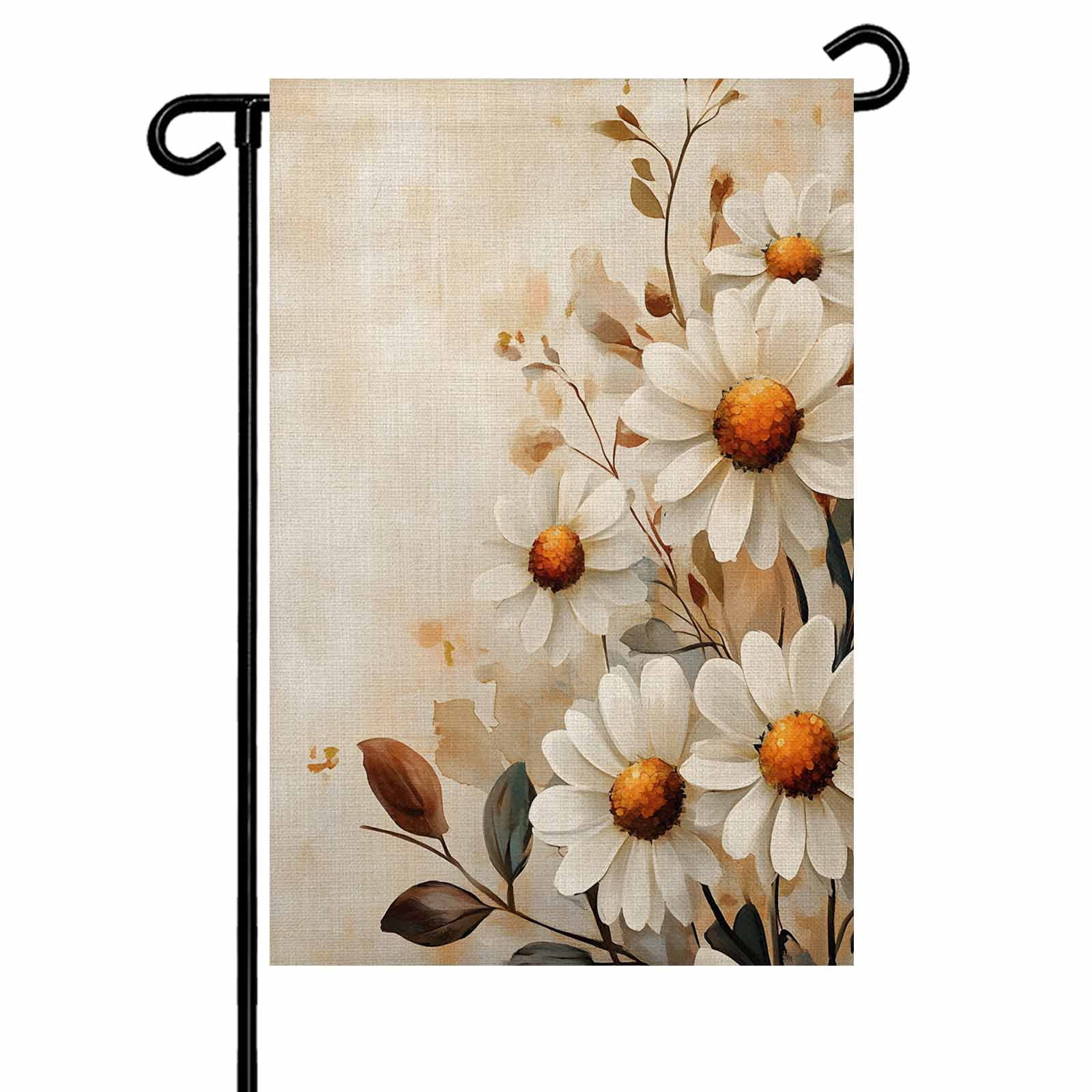 Garden Flag Double-Side Printed House Flag Vintage Style Yard Flag White Daisy Welcome Banner Decor Outdoor Holiday Decorations 28*40in