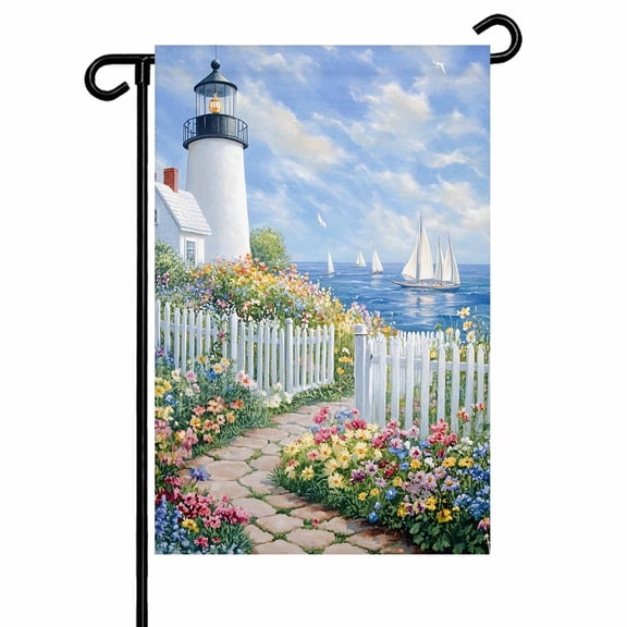 Garden Flag Double-Side Printed House Flag Watercolors Flowers Garden Ocean Yard Flag Lighthouse Boats Welcome Banner Decor Outdoor Holiday Decorations 12*18in