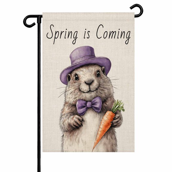 Garden Flag Double Sided 12x18in Cute Groundhog Carrot Welcome Yard Flag for Outside Purple Hat Bow Outdoor Garden Decor for Lawn Patio
