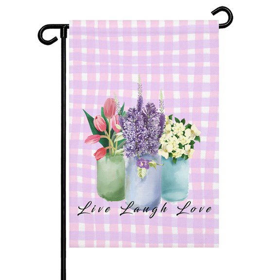 Garden Flag Double Sided 12x18in Tulip Lavender Flowers Welcome Yard Flag for Outside Pink Buffalo Plaid Check Outdoor Garden Decor for Lawn Patio