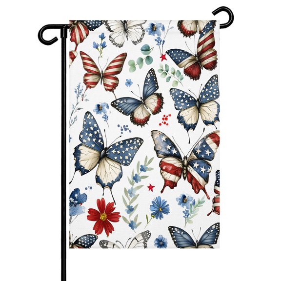 Garden Flag Double Sided 24x40in Blue Red Stars and Stripes Butterfly Welcome Yard Flag for Outside Patriotic Flowers Outdoor Garden Decor for Lawn Patio