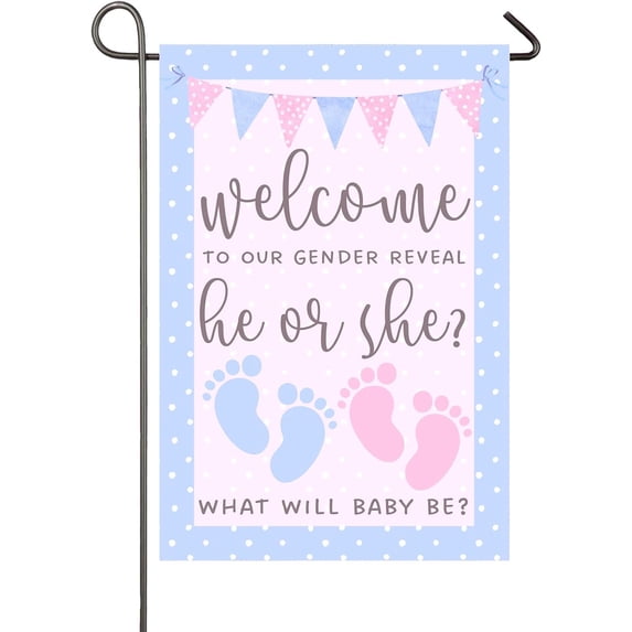 He or She Garden Flag Double Sided Pink and Blue Flag Gender Reveal Yard Flag Boy or Girl Baby Footprint Welcome Banner Pregnancy Announcement Baby Shower Decor Gender Reveal Party Supplies