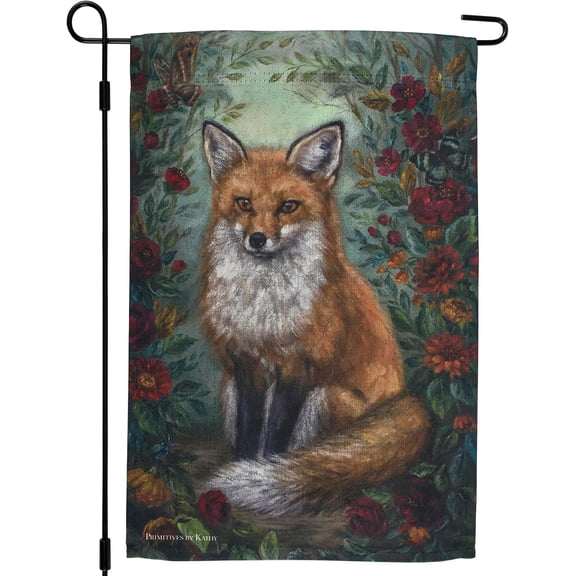 Garden Flag Double Sided Polyester Fall Fox Design Autumn Flowers Moody Color Palette