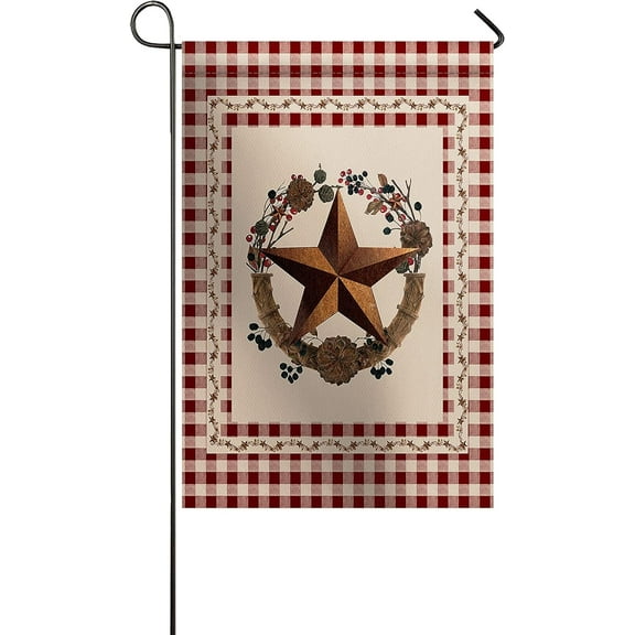 Garden Flag Double Sided Printed Farmhouse Country Star and Primitive Berries On Retro Red Plaid Home Decorative House Banner Outdoor Flag Yard Decor 28"x40"