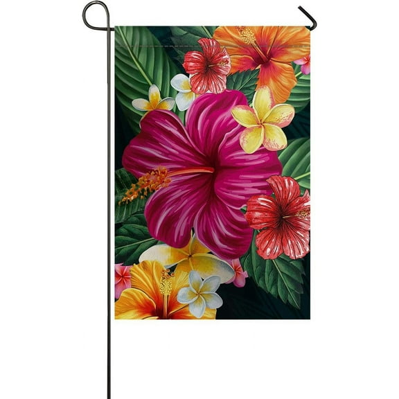 Garden Flag Double Sided Printed Red Hibiscus Flowers and Leaves Plants on Green Background Home Decorative House Banner Outdoor Flag Yard Decor 28"x40"