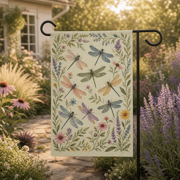 Garden Flag Dragonfly Floral Botanical Welcome Sign for Yard Nature Lovers