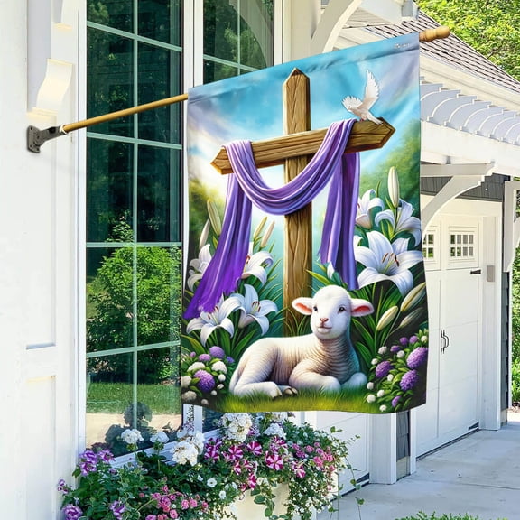 Garden Flag Easter Day Lamb Purple Cloth on Cross, Spiritual, 12x18 POLE NOT INCLUDED