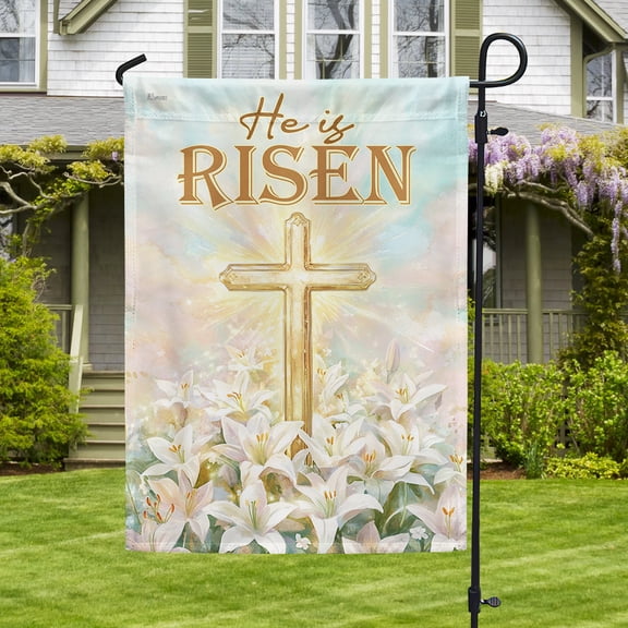 Garden Flag Easter Day Religious Cross Christian He Is Risen, Spiritual, 12x18 POLE NOT INCLUDED