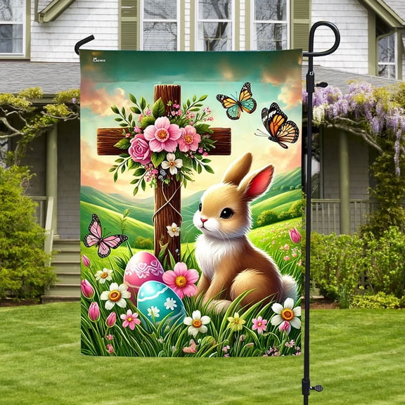 Garden Flag Easter Rabbit Bunny Christian Cross, Happy Easter Religious, 12x18 POLE NOT INCLUDED