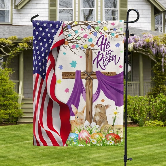 Garden Flag Easter Rabbit Jesus Cross He Is Risen On American, Religious, 12x18 POLE NOT INCLUDED