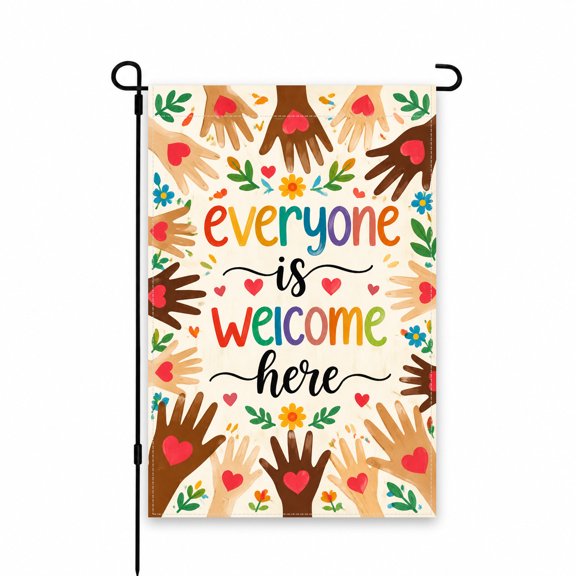 Garden Flag Everyone Is Welcome Design with Colorful Handprints, Hearts and Flowers, 12 x 18 Inch Yard Flag for Garden Lawn Patio Porch Outdoor Decor