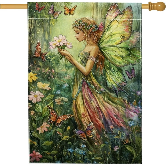 Garden Flag with Fairy and Butterflies, Colorful Outdoor Decor for Spring and Summer, Double-Sided Floral Design for Lawn and Garden Decoration 28x40 Inch