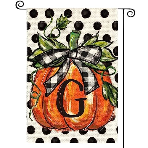 Garden Flag Fall Monogram Letter G Flag Polka Dot Pumpkin Double Sided Outside, Small Family Last Name Initial Decoration, 12x18 POLE NOT INCLUDED