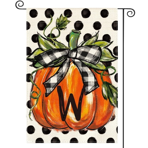 Garden Flag Fall Monogram Letter W Flag Polka Dot Pumpkin Double Sided Outside, Small Family Last Name Initial Decoration, 12x18 POLE NOT INCLUDED
