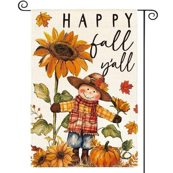 Garden Flag Fall Scarecrow Flag Double Sided Outside, Happy Fall Y'all Autumn Rustic Outdoor Flag, 12x18 POLE NOT INCLUDED