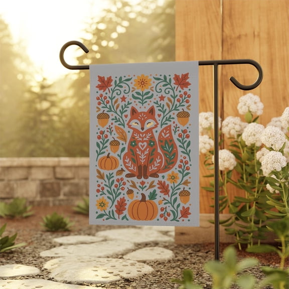 Garden Flag Folk Art Fox Flag Autumn Yard for Vintage Style Fall, 12x18 POLE NOT INCLUDED
