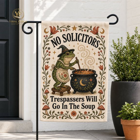 Garden Flag Funny No Solicitors Frog Soup Cottagecore Folk Art Yard Decor