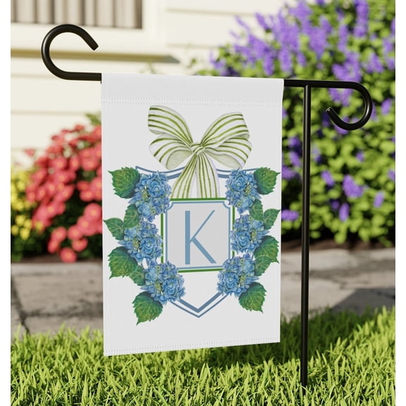 Garden Flag Garden Flag Preppy Bow Monogram Blue Hydrangea Personalized Porch Crest Patio Decor V64, 12x18 POLE NOT INCLUDED