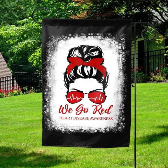 Garden Flag Go Red Messy Bun February Heart Disease Awareness Porch Decoration, 12x18 POLE NOT INCLUDED