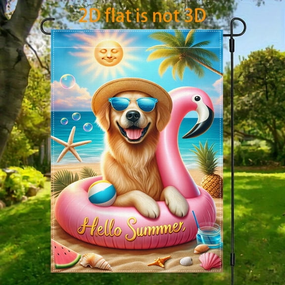 Garden Flag Golden Retriever Flamingo Float Garden Flag, 12x18 inches, double-sided 2D design, warm and healing cute pet vacation style garden flag, perfect for summer outdoor welcome decoration, sui