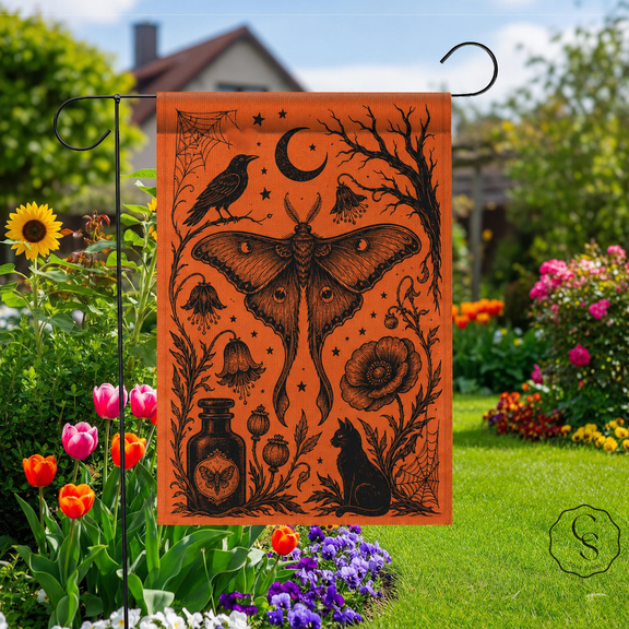 Garden Flag Gothic Botanical Moth Outdoor Yard Decor for Halloween Hosts