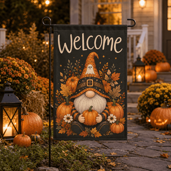 Garden Flag Halloween Gnome and Pumpkin Welcome for Farmhouse Yard Porch Decor
