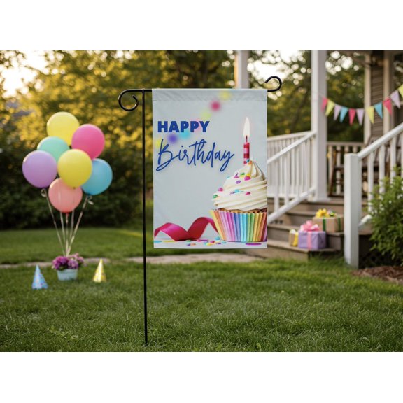 Garden Flag Happy Birthday Cupcake Candle Colorful Reusable Celebration Decor, 12x18 POLE NOT INCLUDED