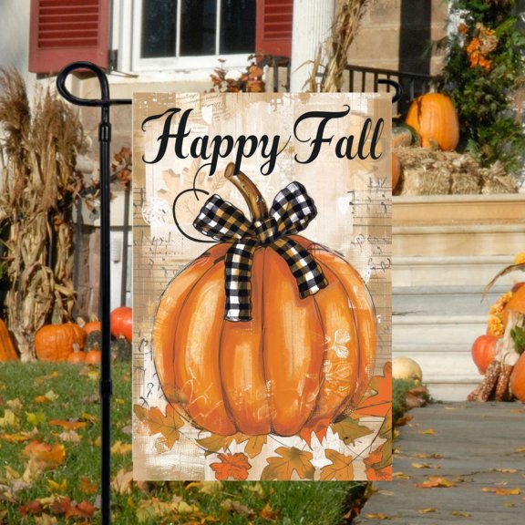 Garden Flag Happy Fall Pumpkin Flag Plaid Bow Autumn Seasonal Outdoor Decoration, 12x18 POLE NOT INCLUDED