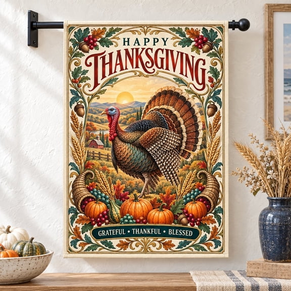 Garden Flag Happy Thanksgiving Turkey, Thankful Grateful Blessed Yard Decor for Fall
