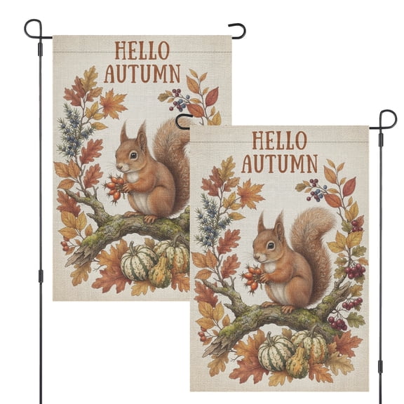 Garden Flag Hello Autumn Text with Squirrel, Acorns and Autumn Leaf Botanical Design on Cream Background, 12 x 18 Inch Decorative Outdoor Yard Flag for Garden Lawn Porch