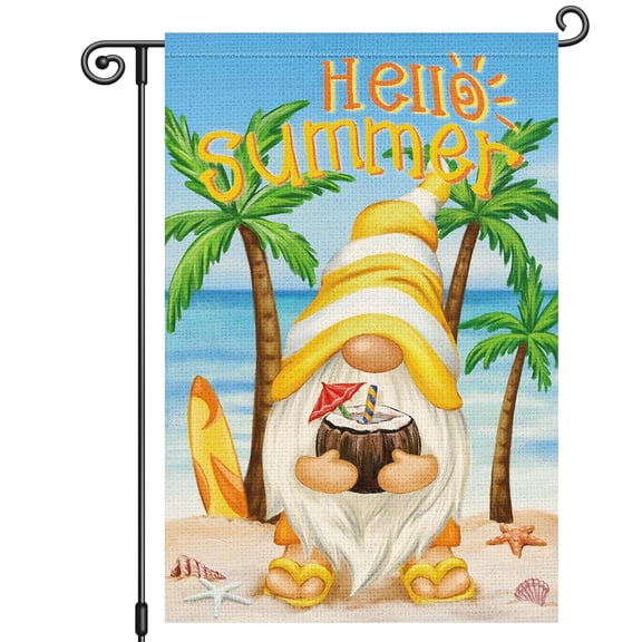 Garden Flag Hello Summer Gnome Flag, Beach Palm Tree Seasonal Holiday Outdoor Decoration Flag, 12x18 POLE NOT INCLUDED