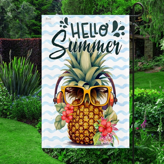 Garden Flag Hello Summer Pineapple, Seasonal Tropical, 12x18 POLE NOT INCLUDED