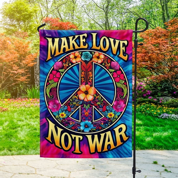 Garden Flag Hippie Peace Sign Make Love Not War, Retro Unity, 12x18 POLE NOT INCLUDED
