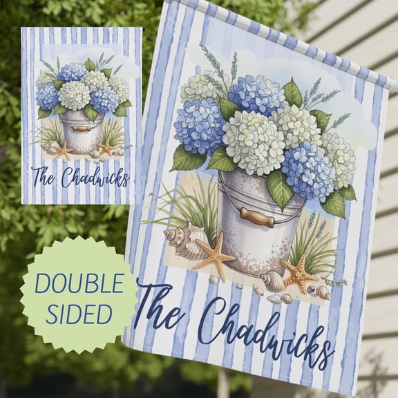 Garden Flag Hydrangea Coastal Outdoor Flag Personalized Family Name Beach Cottage Porch Decoration V4, 12x18 POLE NOT INCLUDED