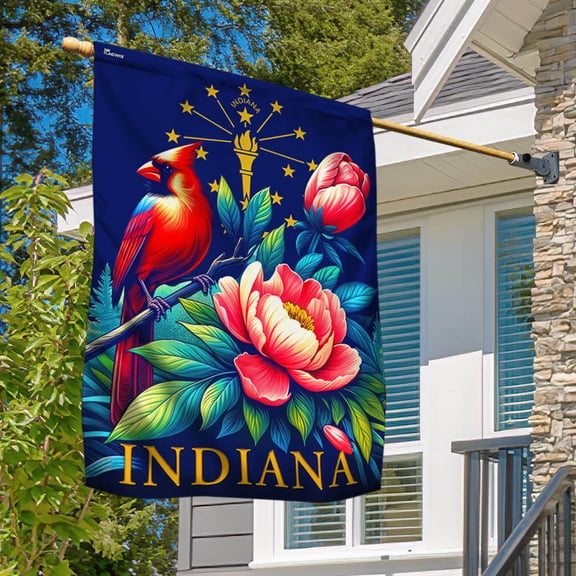 Garden Flag Indiana State Symbols Cardinal and Peony Flower, State Pride, 12x18 POLE NOT INCLUDED