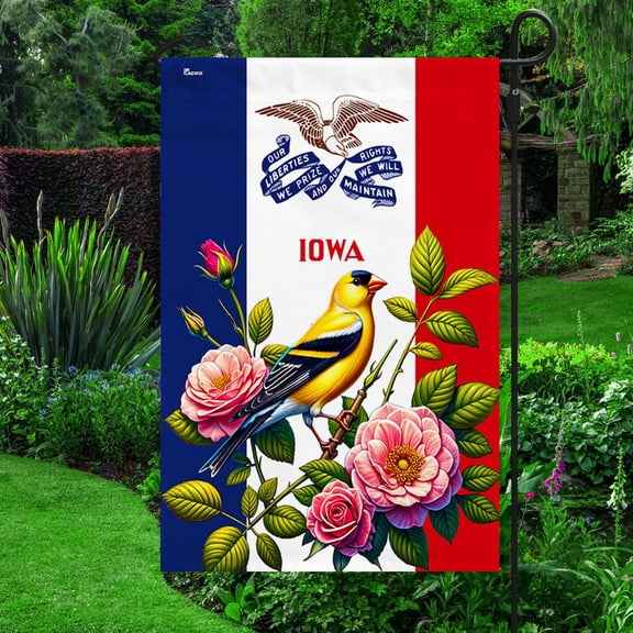 Garden Flag Iowa State Eastern Goldfinch Bird and Wild Rose Flower, Midwest Pride, 12x18 POLE NOT INCLUDED