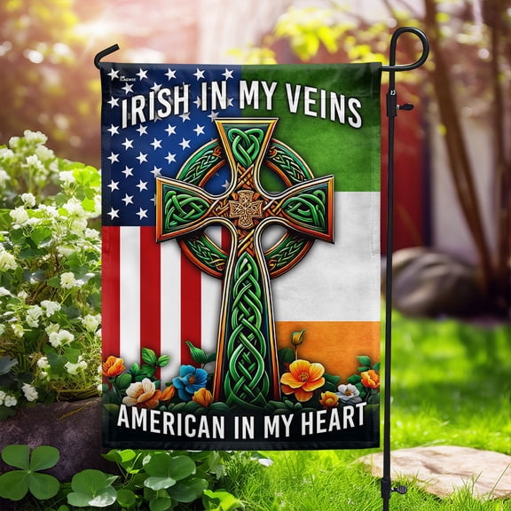 Garden Flag Irish Celtic Knot Cross Irish In My Veins On American In My Heart, Heritage, 12x18 POLE NOT INCLUDED