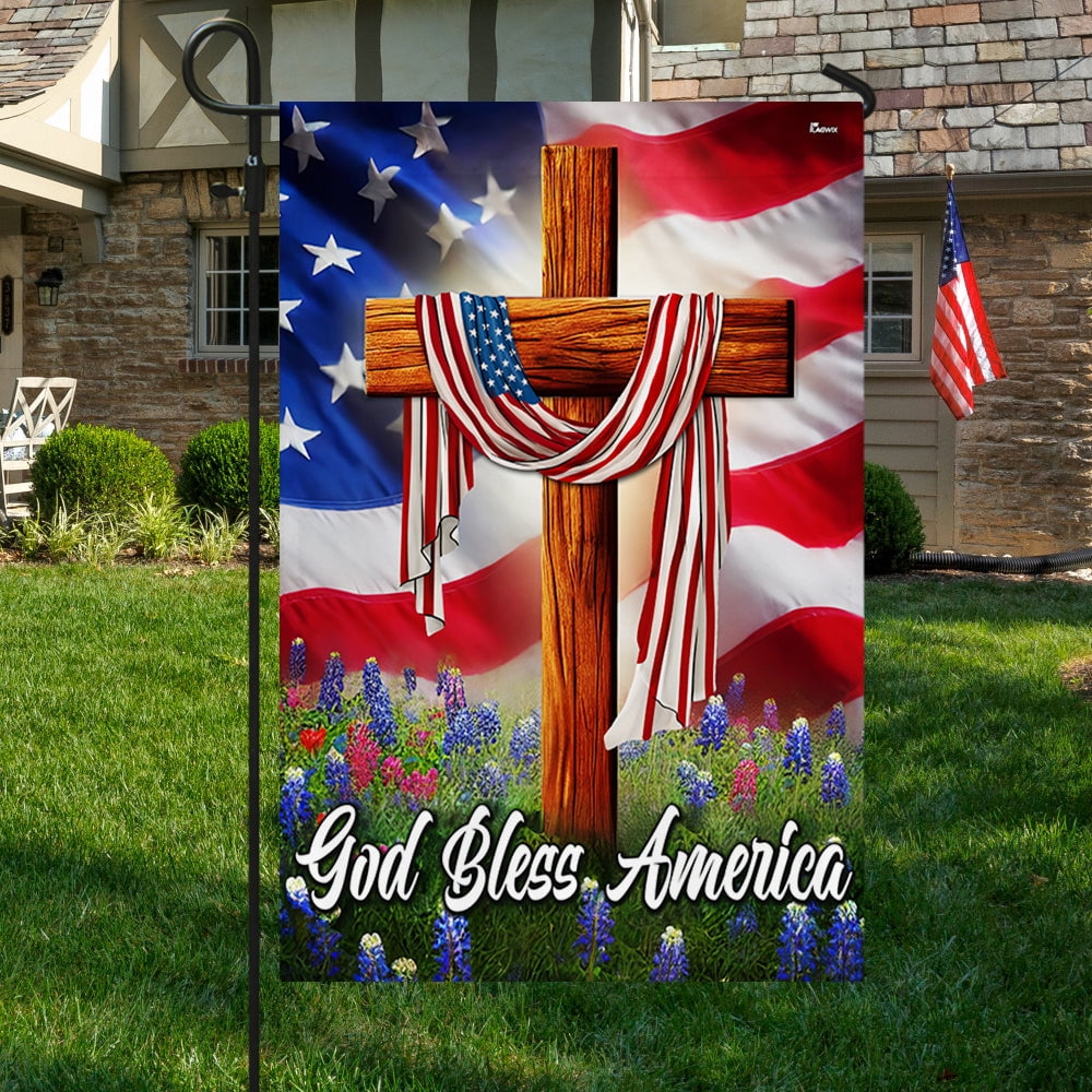 Garden Flag Jesus Christian Cross On American God Bless America, Religious, 12x18 POLE NOT INCLUDED