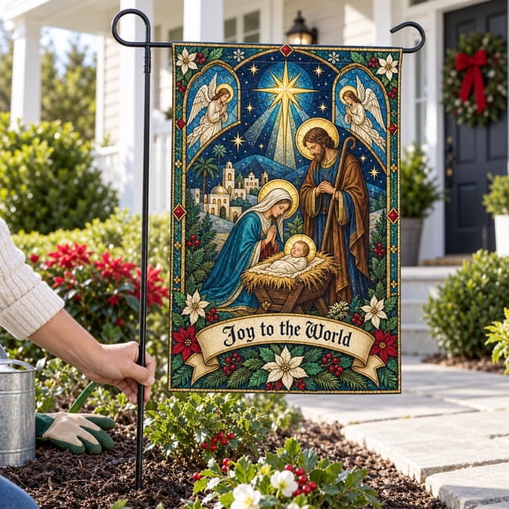 Garden Flag, Joy to the World Stained Glass Nativity and Holy Family Outdoor Yard Decor for Christmas